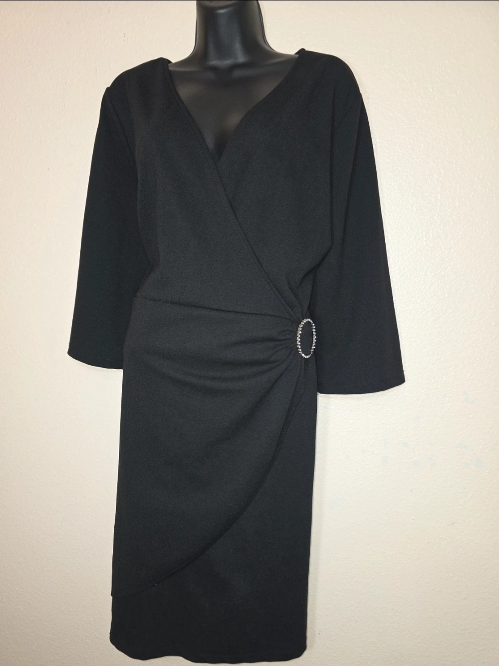 Luxology Black Faux-Wrap Long Sleeve Dress with Buckle Accent